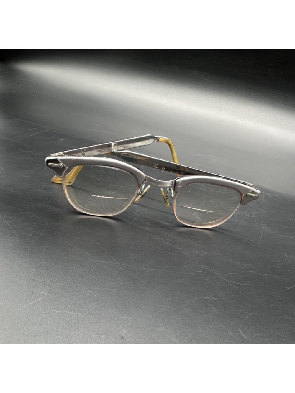 Vintage Cat Eye Eyeglasses Shuron USA Silver Aluminum Mid Century Browline READ